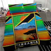 African Sunset Design Bedding Set with Flag Map Mount Kilimanjaro and Wildlife Scene