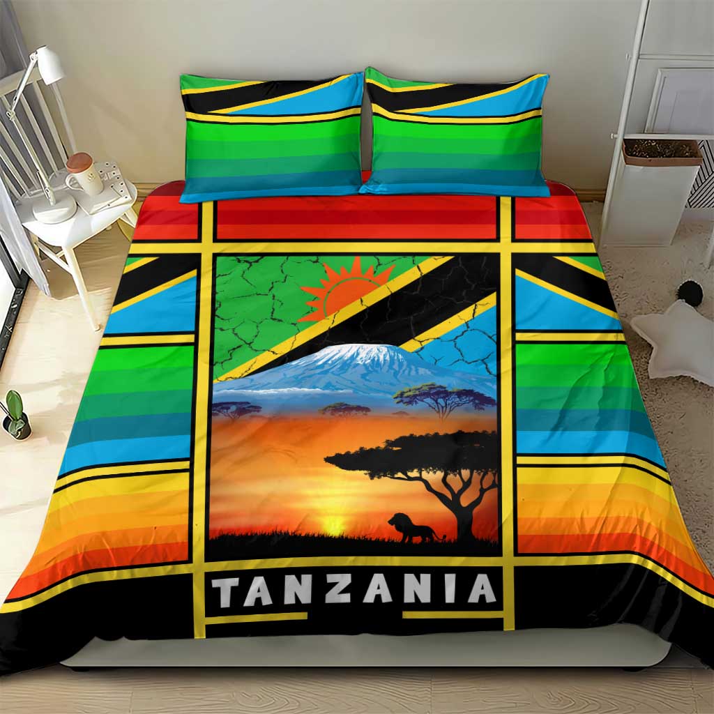 African Sunset Design Bedding Set with Flag Map Mount Kilimanjaro and Wildlife Scene