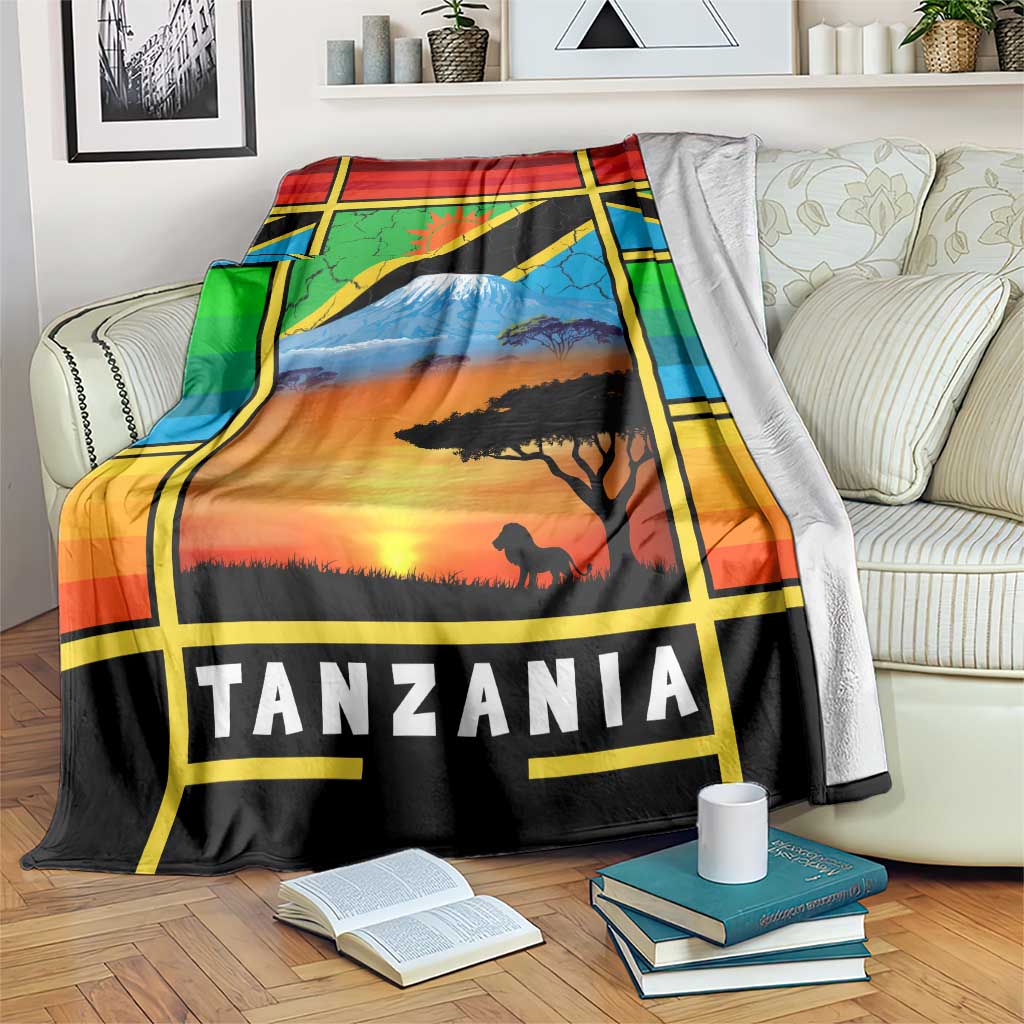 African Sunset Design Blanket with Flag Map Mount Kilimanjaro and Wildlife Scene