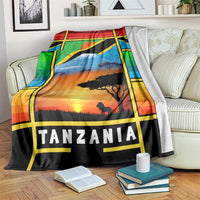 African Sunset Design Blanket with Flag Map Mount Kilimanjaro and Wildlife Scene