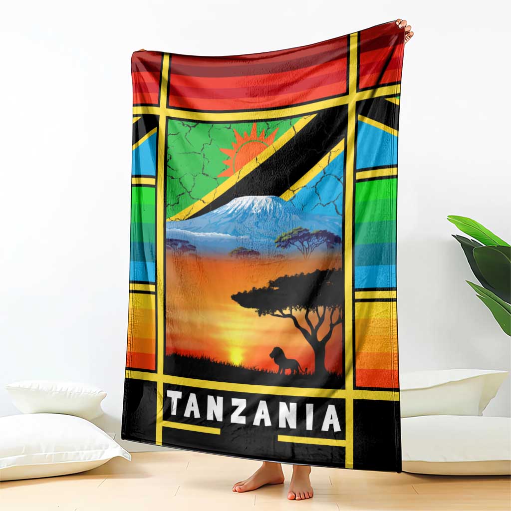 African Sunset Design Blanket with Flag Map Mount Kilimanjaro and Wildlife Scene