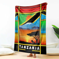 African Sunset Design Blanket with Flag Map Mount Kilimanjaro and Wildlife Scene
