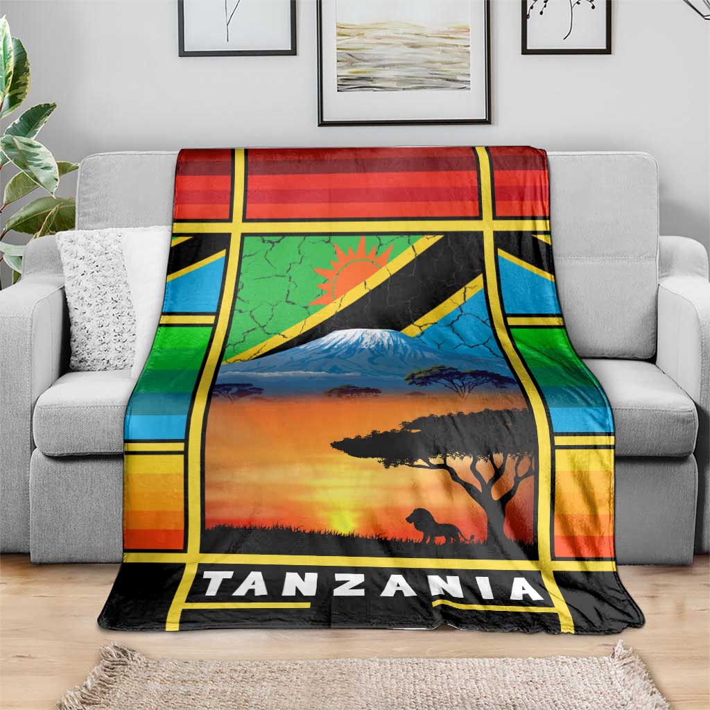 African Sunset Design Blanket with Flag Map Mount Kilimanjaro and Wildlife Scene
