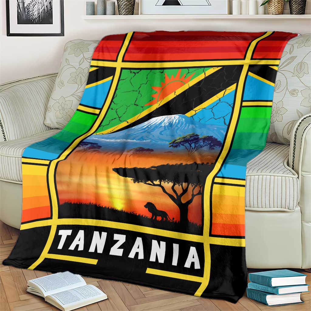 African Sunset Design Blanket with Flag Map Mount Kilimanjaro and Wildlife Scene