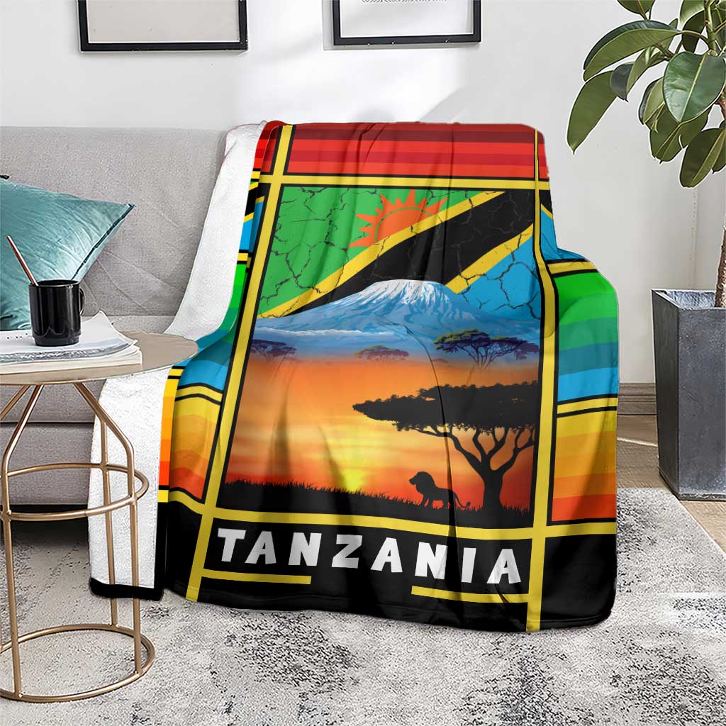 African Sunset Design Blanket with Flag Map Mount Kilimanjaro and Wildlife Scene