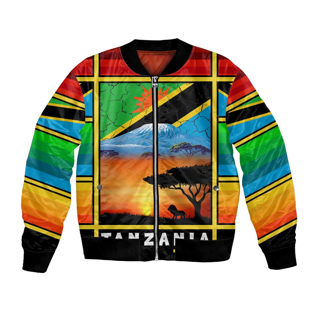 African Sunset Design Bomber Jacket with Flag Map Mount Kilimanjaro and Wildlife Scene
