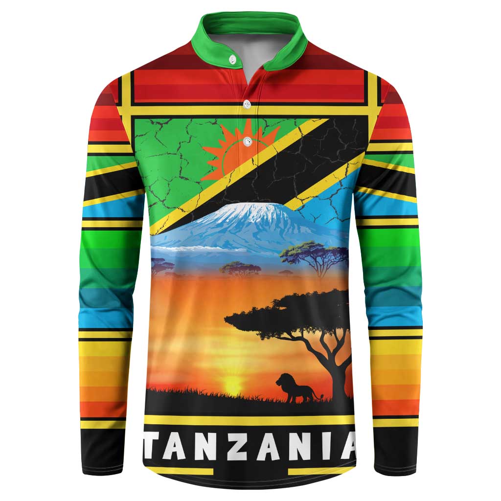 African Sunset Design Button Sweatshirt with Flag Map Mount Kilimanjaro and Wildlife Scene