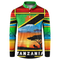 African Sunset Design Button Sweatshirt with Flag Map Mount Kilimanjaro and Wildlife Scene
