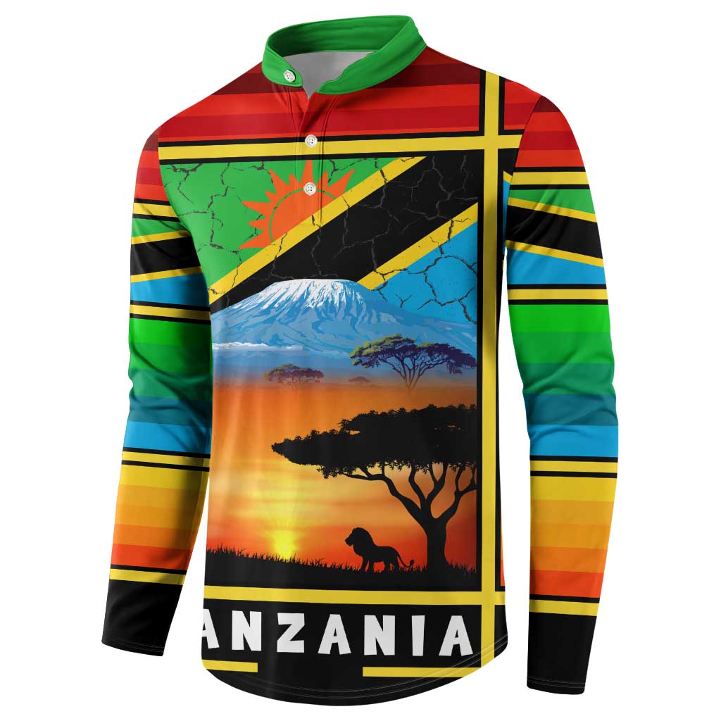 African Sunset Design Button Sweatshirt with Flag Map Mount Kilimanjaro and Wildlife Scene