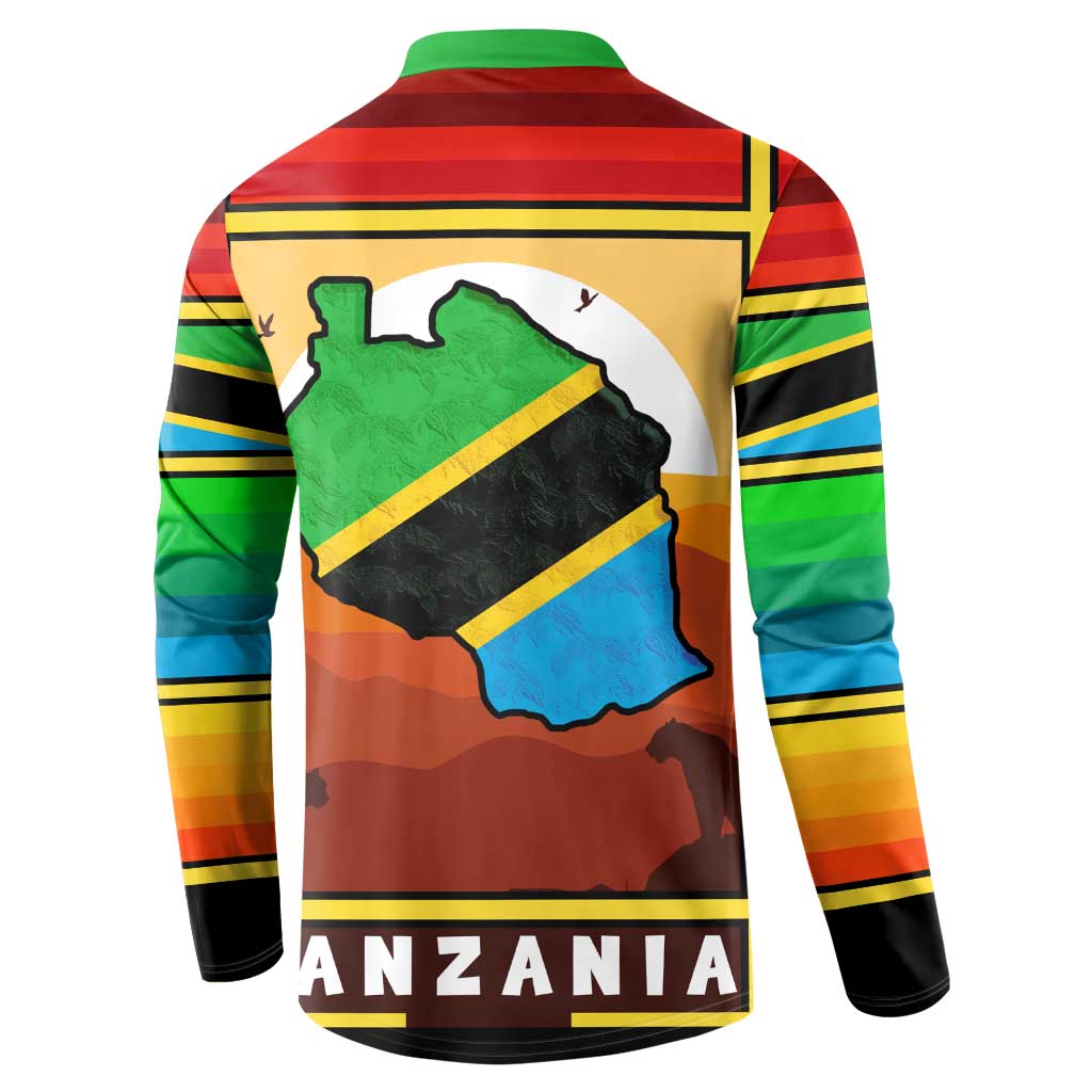 African Sunset Design Button Sweatshirt with Flag Map Mount Kilimanjaro and Wildlife Scene