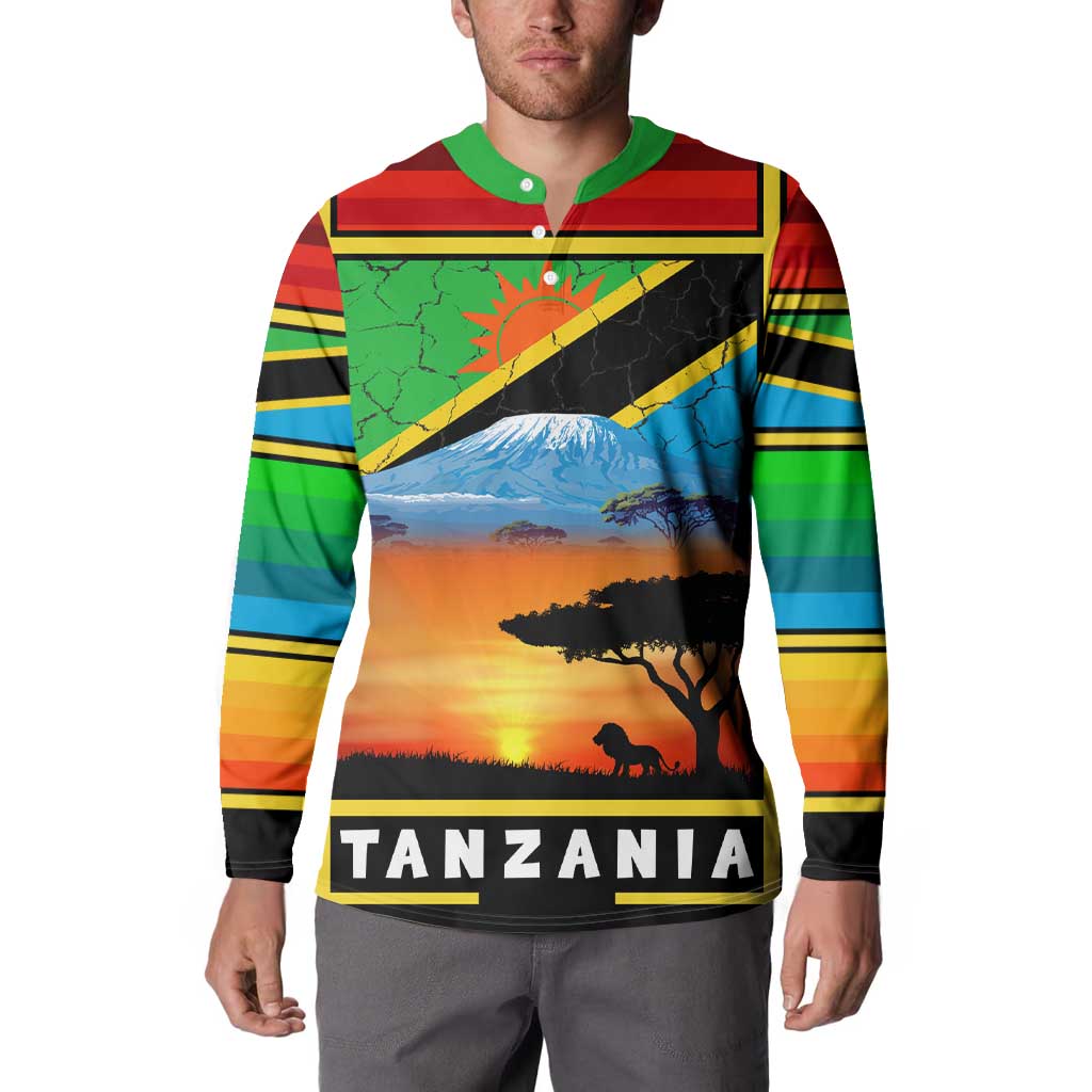 African Sunset Design Button Sweatshirt with Flag Map Mount Kilimanjaro and Wildlife Scene