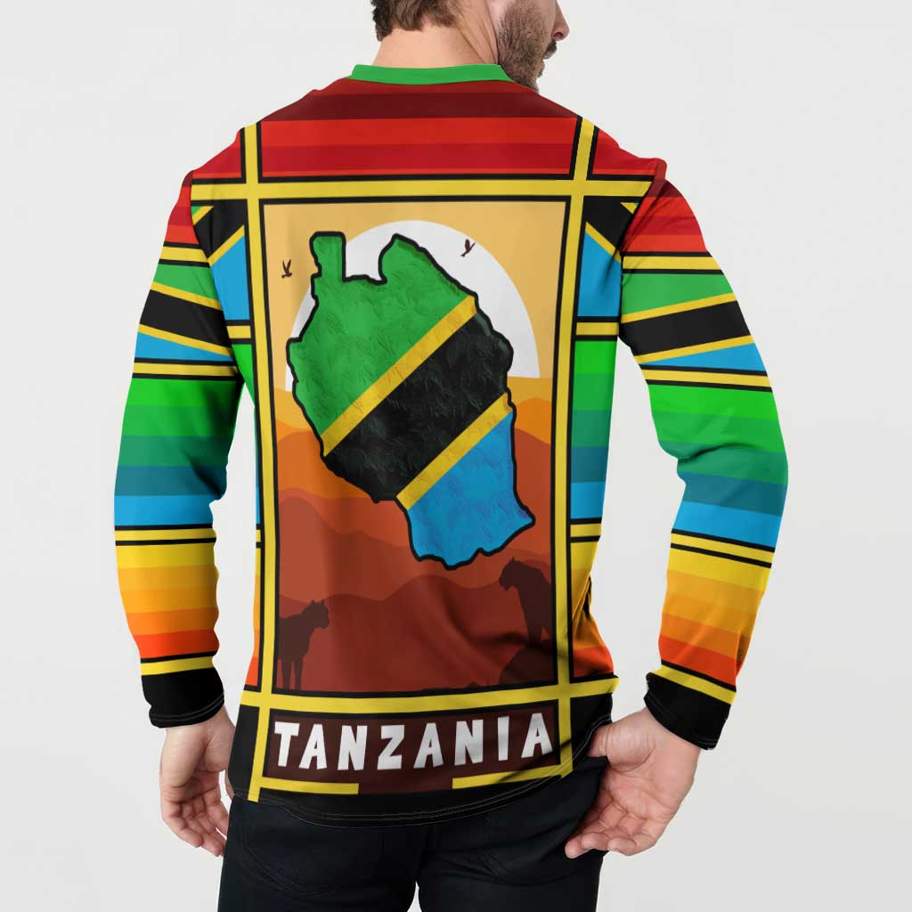 African Sunset Design Button Sweatshirt with Flag Map Mount Kilimanjaro and Wildlife Scene