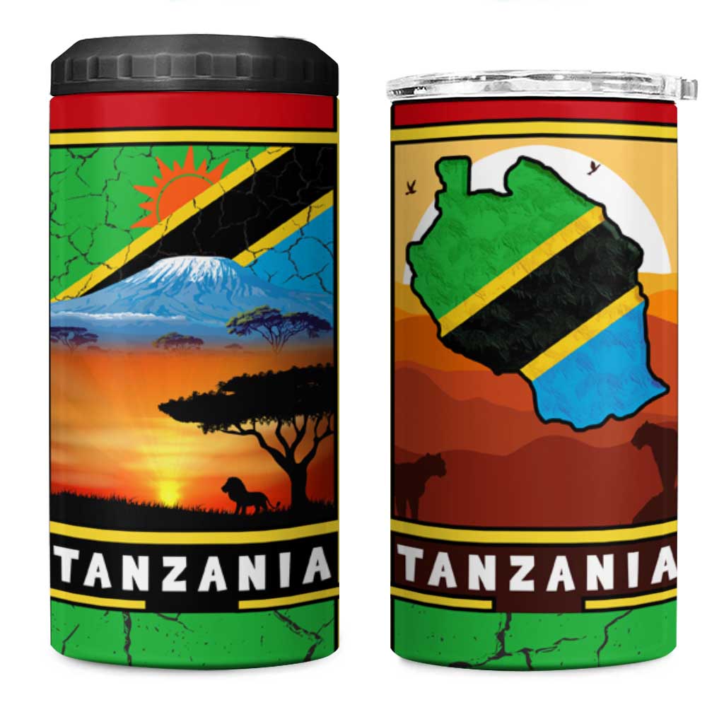African Sunset Design 4 in 1 Can Cooler Tumbler with Flag Map Mount Kilimanjaro and Wildlife Scene