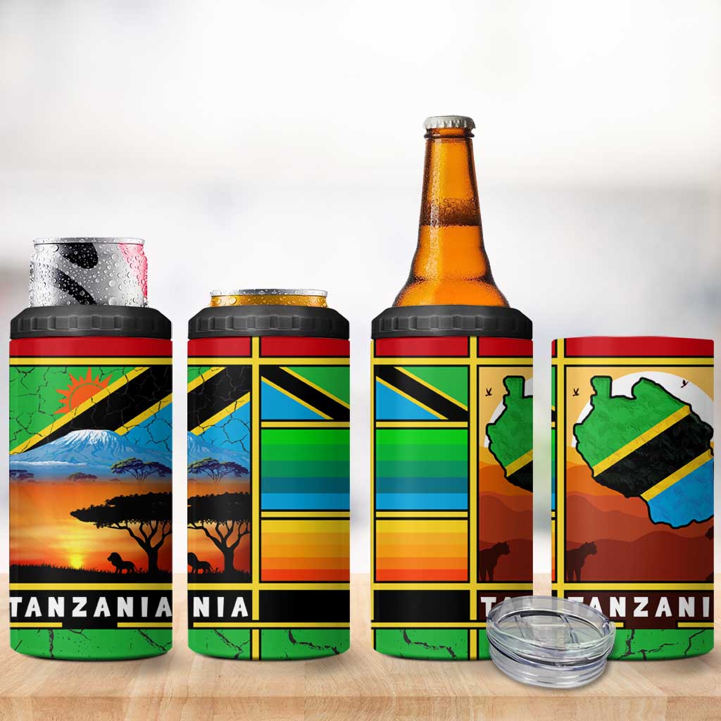 African Sunset Design 4 in 1 Can Cooler Tumbler with Flag Map Mount Kilimanjaro and Wildlife Scene