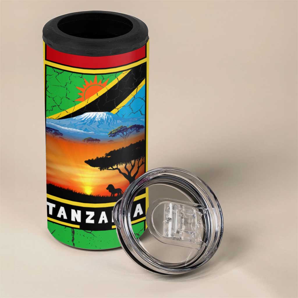 African Sunset Design 4 in 1 Can Cooler Tumbler with Flag Map Mount Kilimanjaro and Wildlife Scene