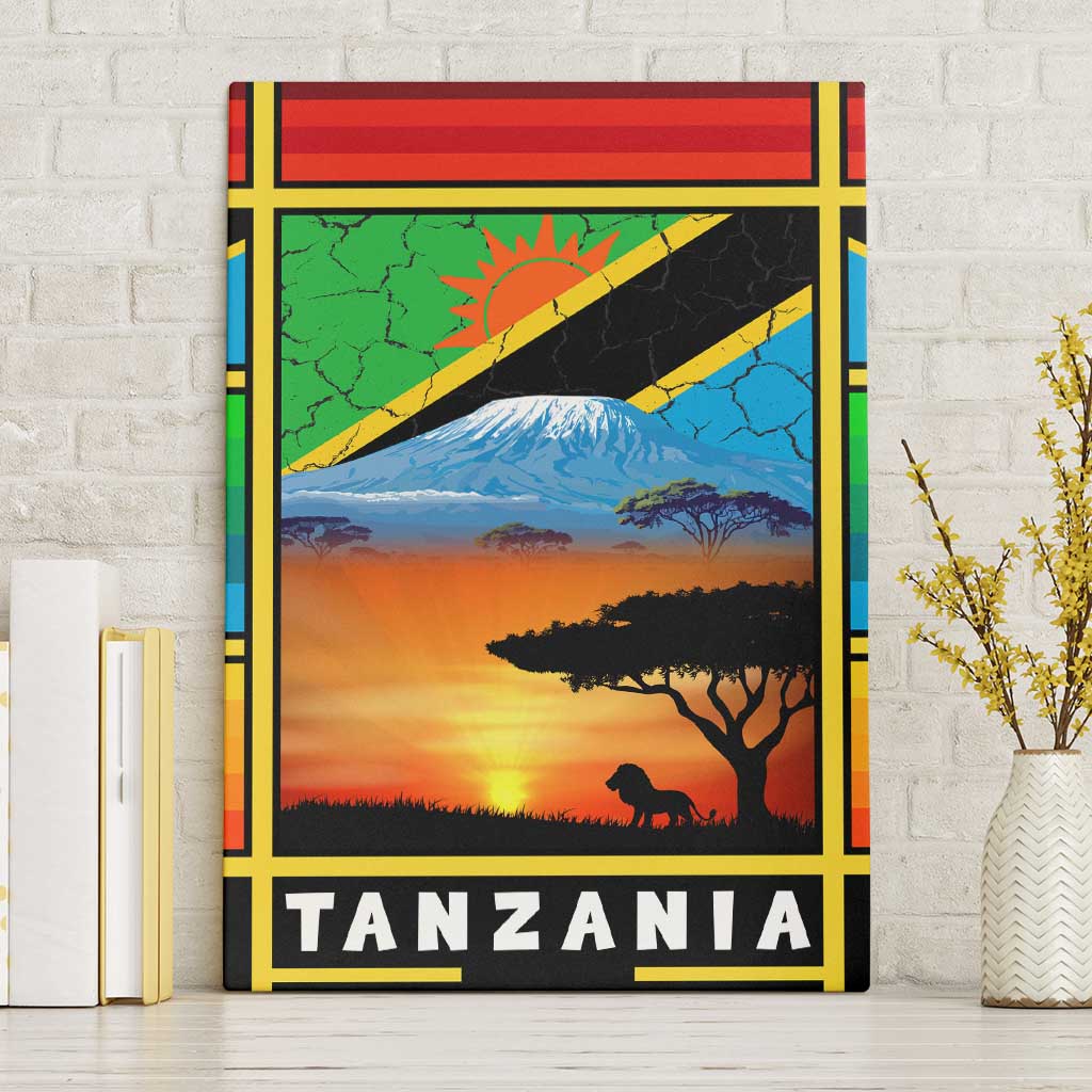African Sunset Design Canvas Wall Art with Flag Map Mount Kilimanjaro and Wildlife Scene