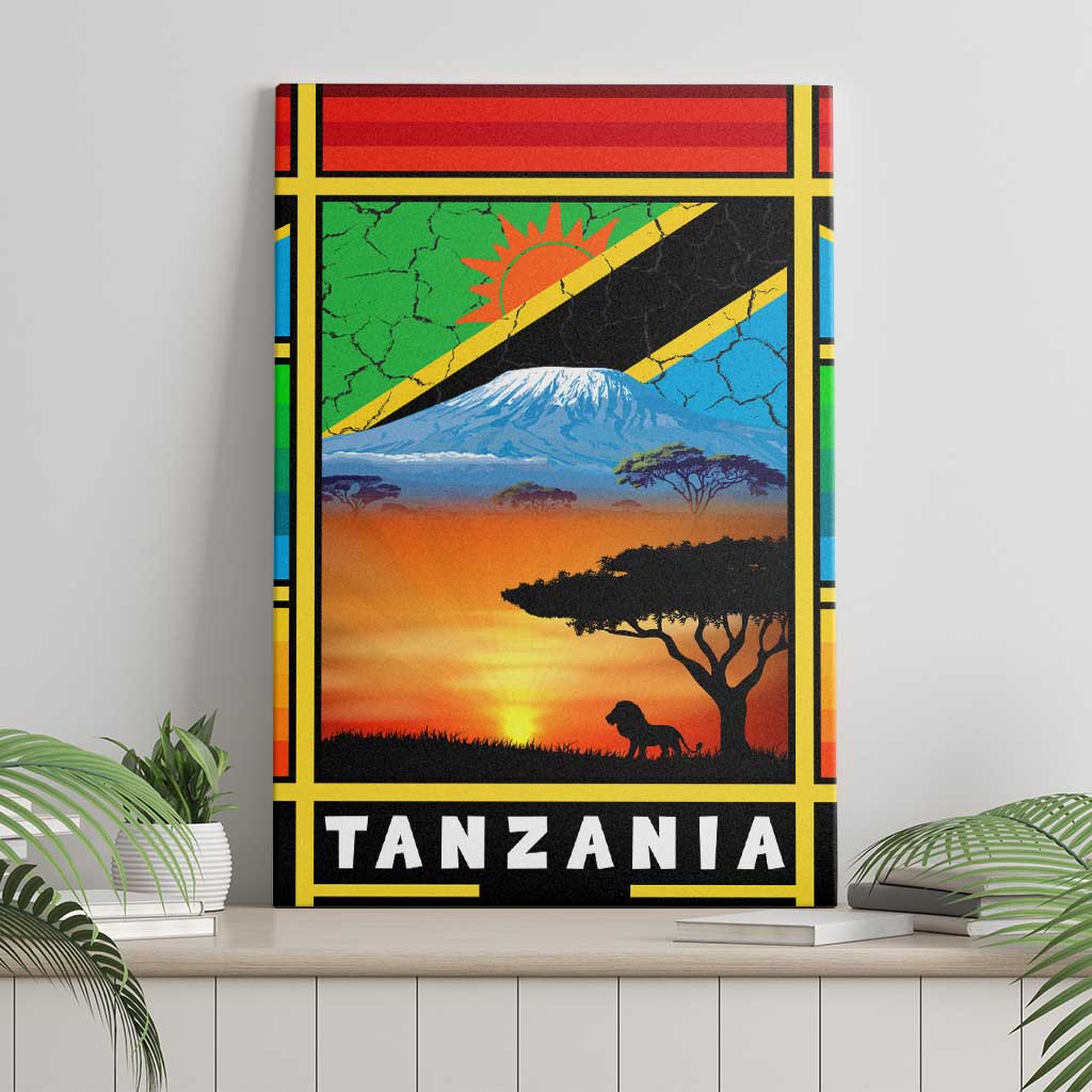 African Sunset Design Canvas Wall Art with Flag Map Mount Kilimanjaro and Wildlife Scene
