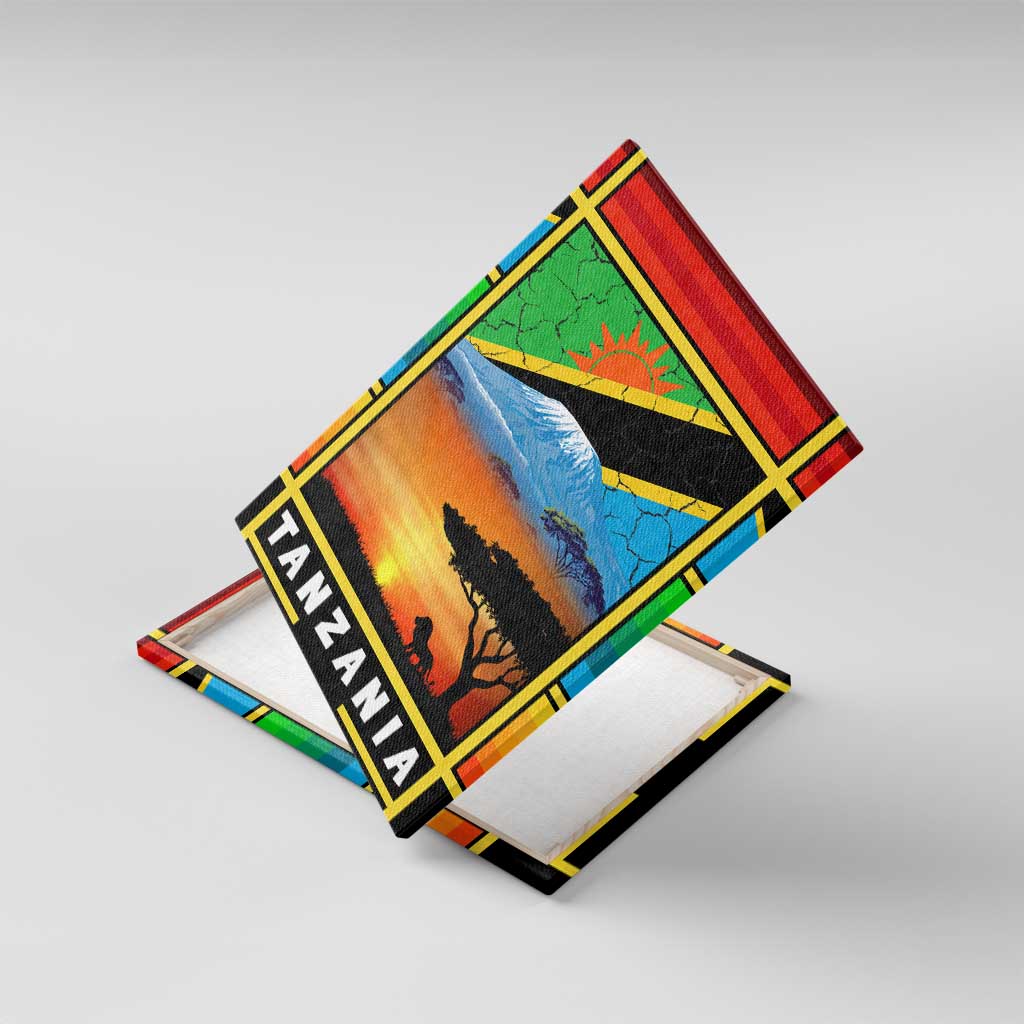 African Sunset Design Canvas Wall Art with Flag Map Mount Kilimanjaro and Wildlife Scene