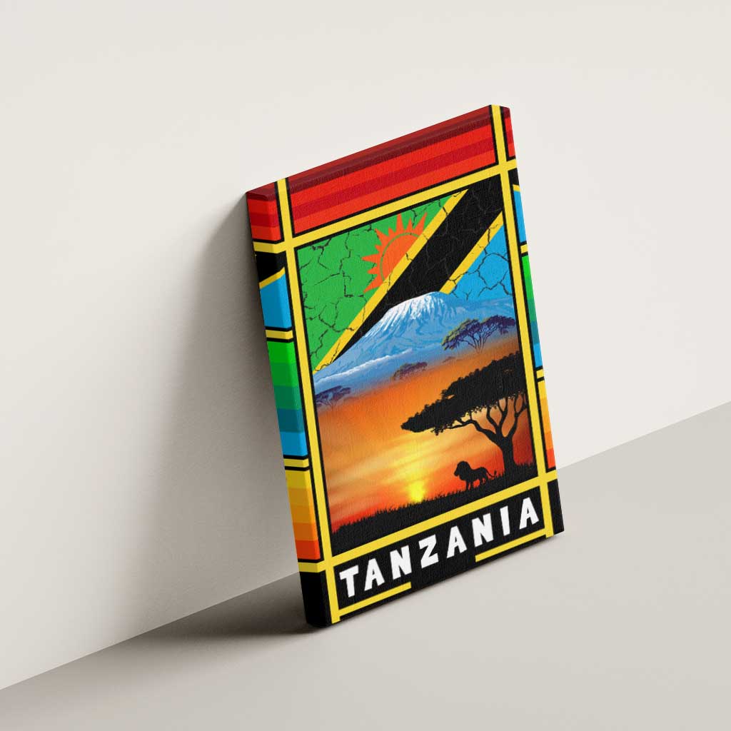 African Sunset Design Canvas Wall Art with Flag Map Mount Kilimanjaro and Wildlife Scene