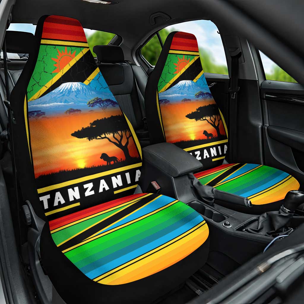 African Sunset Design Car Seat Cover with Flag Map Mount Kilimanjaro and Wildlife Scene