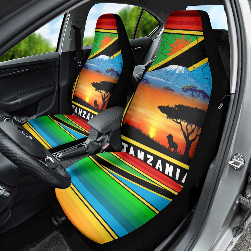 African Sunset Design Car Seat Cover with Flag Map Mount Kilimanjaro and Wildlife Scene