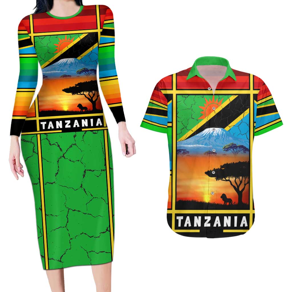 African Sunset Design Couples Matching Long Sleeve Bodycon Dress and Hawaiian Shirt with Flag Map Mount Kilimanjaro and Wildlife Scene
