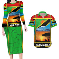 African Sunset Design Couples Matching Long Sleeve Bodycon Dress and Hawaiian Shirt with Flag Map Mount Kilimanjaro and Wildlife Scene