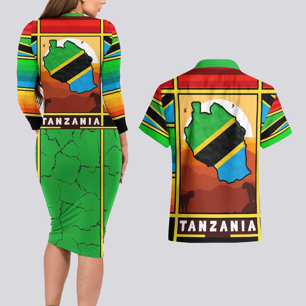 African Sunset Design Couples Matching Long Sleeve Bodycon Dress and Hawaiian Shirt with Flag Map Mount Kilimanjaro and Wildlife Scene