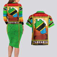 African Sunset Design Couples Matching Long Sleeve Bodycon Dress and Hawaiian Shirt with Flag Map Mount Kilimanjaro and Wildlife Scene