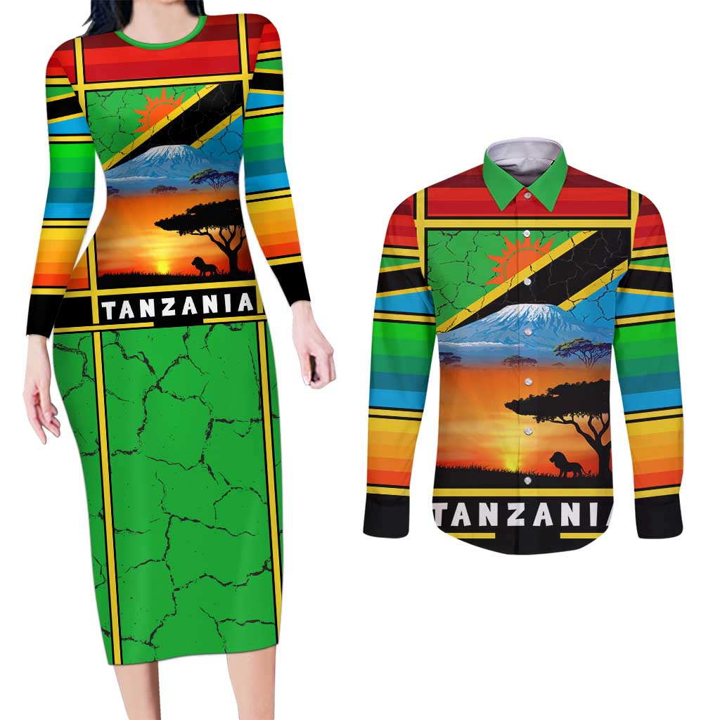 African Sunset Design Couples Matching Long Sleeve Bodycon Dress and Long Sleeve Button Shirt with Flag Map Mount Kilimanjaro and Wildlife Scene