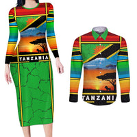 African Sunset Design Couples Matching Long Sleeve Bodycon Dress and Long Sleeve Button Shirt with Flag Map Mount Kilimanjaro and Wildlife Scene