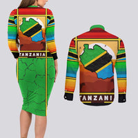 African Sunset Design Couples Matching Long Sleeve Bodycon Dress and Long Sleeve Button Shirt with Flag Map Mount Kilimanjaro and Wildlife Scene
