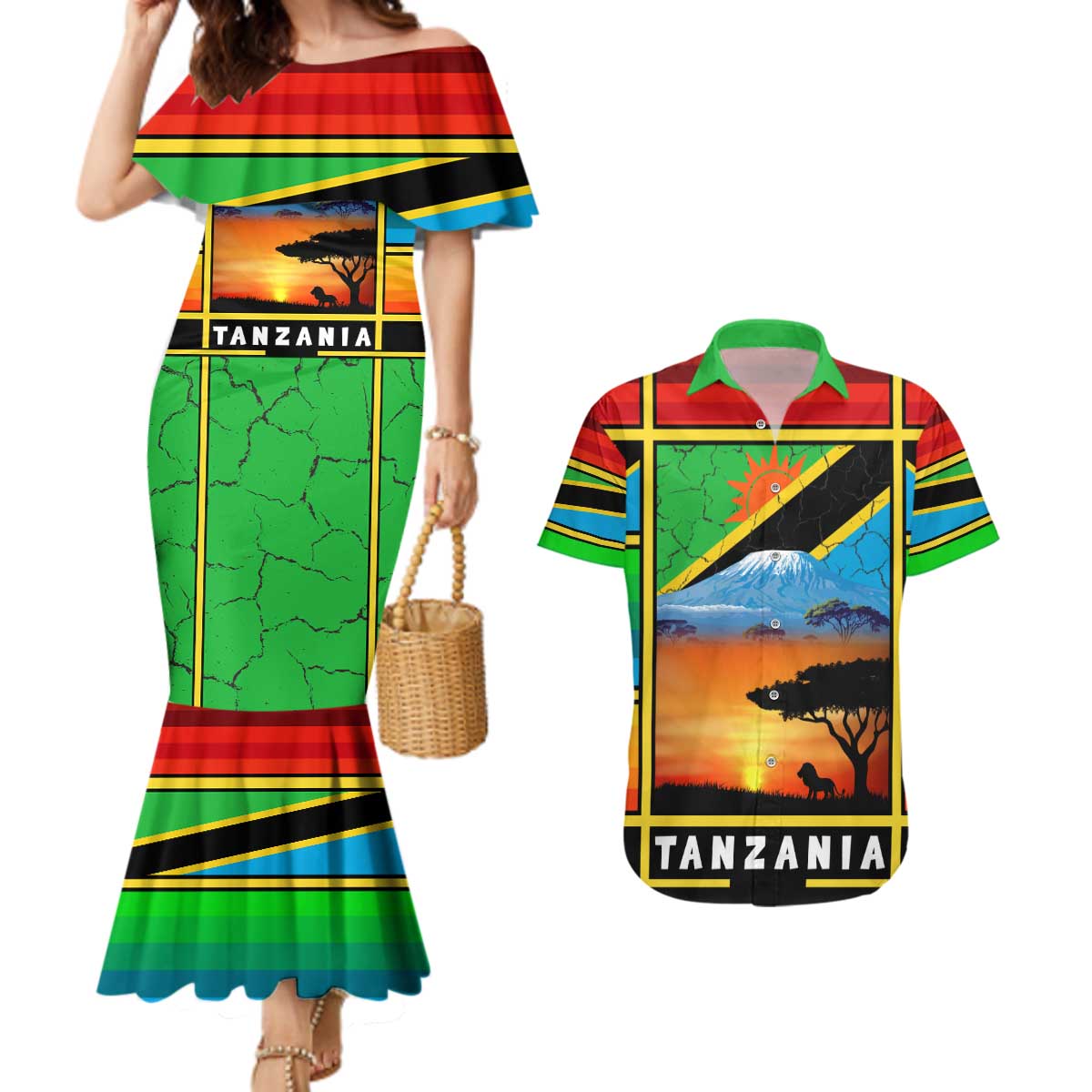 African Sunset Design Couples Matching Mermaid Dress and Hawaiian Shirt with Flag Map Mount Kilimanjaro and Wildlife Scene