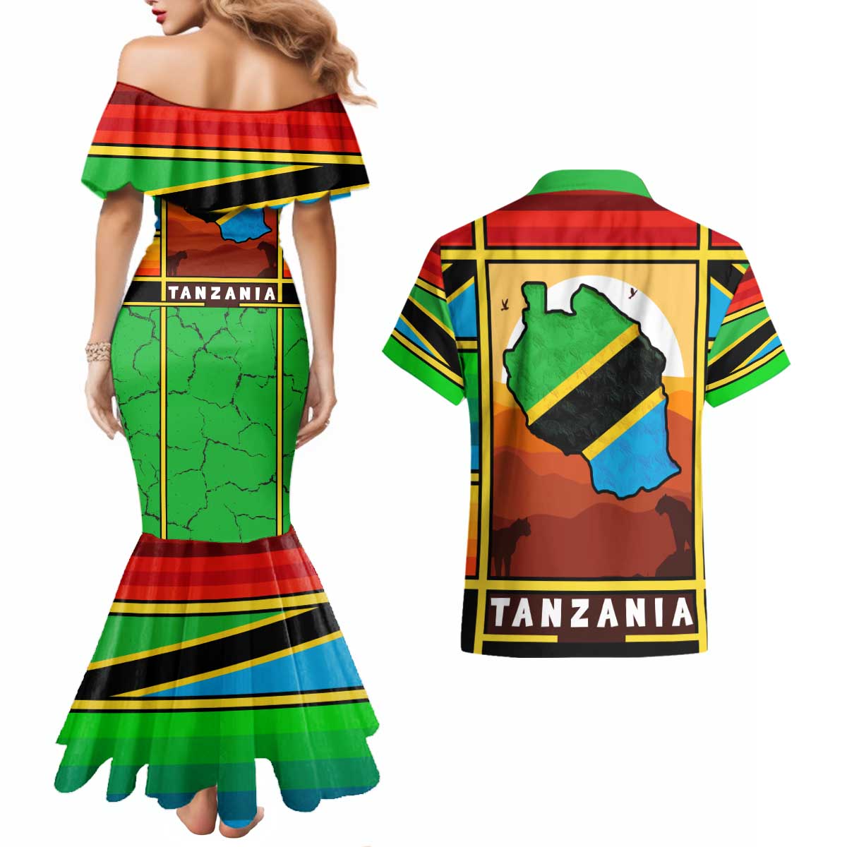 African Sunset Design Couples Matching Mermaid Dress and Hawaiian Shirt with Flag Map Mount Kilimanjaro and Wildlife Scene