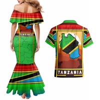 African Sunset Design Couples Matching Mermaid Dress and Hawaiian Shirt with Flag Map Mount Kilimanjaro and Wildlife Scene