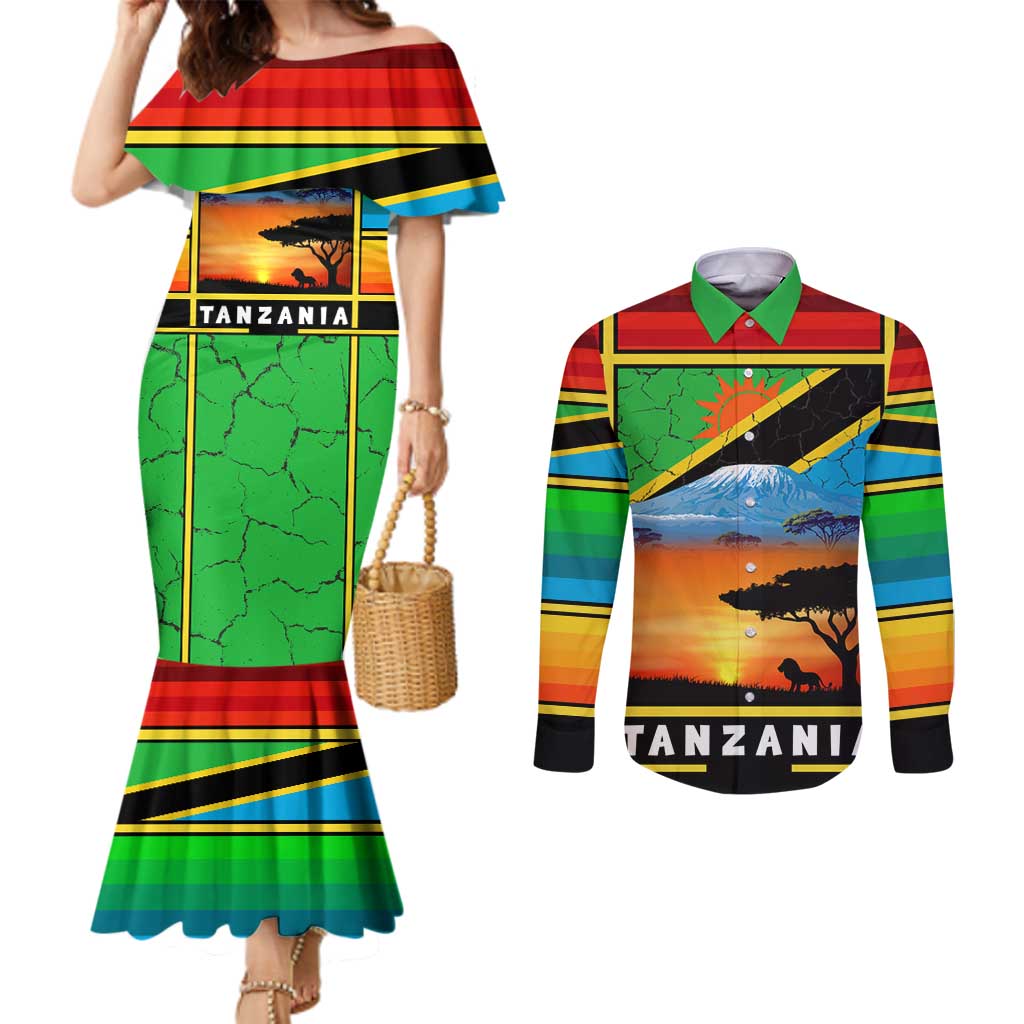 African Sunset Design Couples Matching Mermaid Dress and Long Sleeve Button Shirt with Flag Map Mount Kilimanjaro and Wildlife Scene