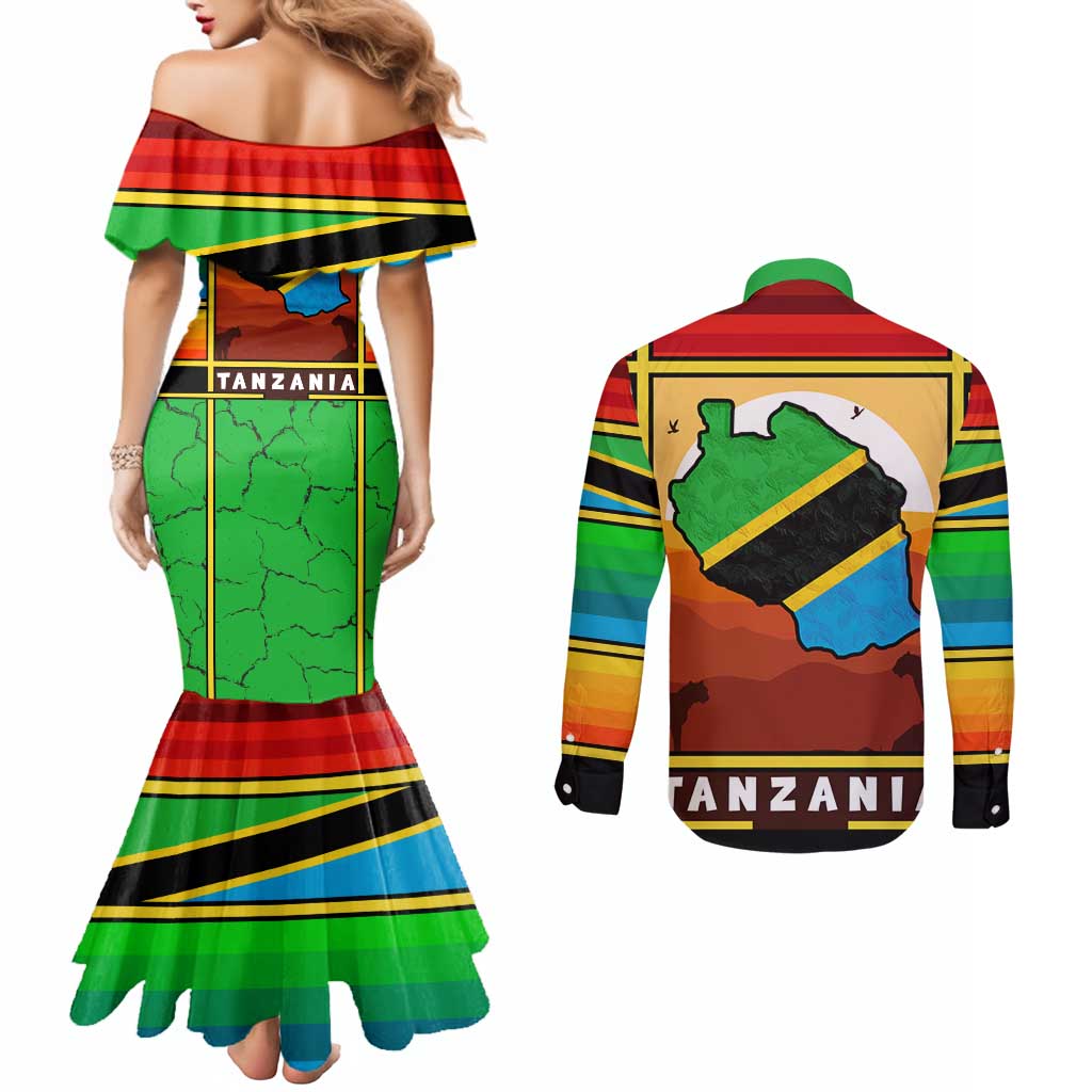 African Sunset Design Couples Matching Mermaid Dress and Long Sleeve Button Shirt with Flag Map Mount Kilimanjaro and Wildlife Scene
