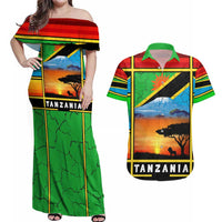 African Sunset Design Couples Matching Off Shoulder Maxi Dress and Hawaiian Shirt with Flag Map Mount Kilimanjaro and Wildlife Scene