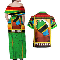 African Sunset Design Couples Matching Off Shoulder Maxi Dress and Hawaiian Shirt with Flag Map Mount Kilimanjaro and Wildlife Scene