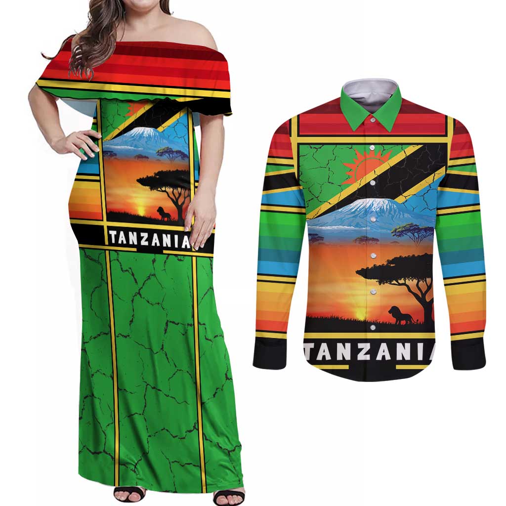 African Sunset Design Couples Matching Off Shoulder Maxi Dress and Long Sleeve Button Shirt with Flag Map Mount Kilimanjaro and Wildlife Scene