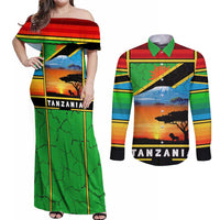 African Sunset Design Couples Matching Off Shoulder Maxi Dress and Long Sleeve Button Shirt with Flag Map Mount Kilimanjaro and Wildlife Scene