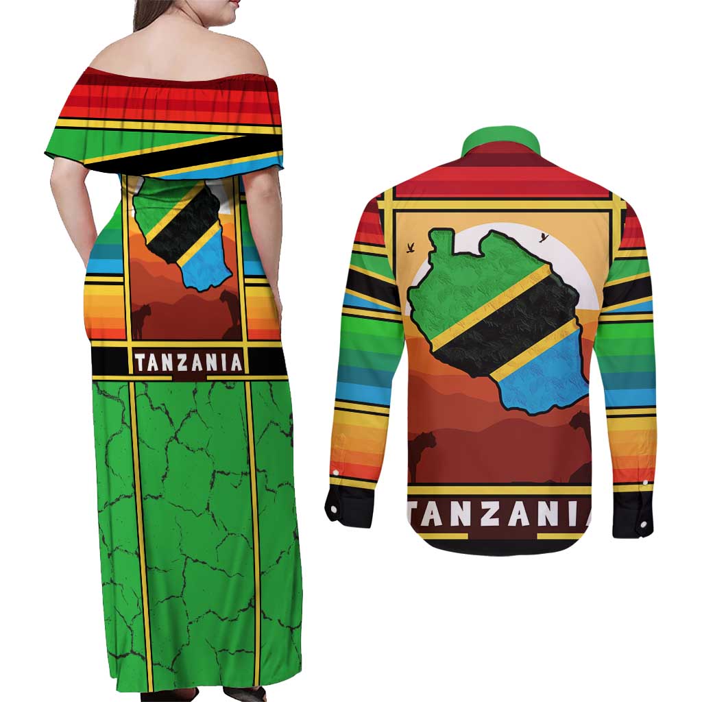 African Sunset Design Couples Matching Off Shoulder Maxi Dress and Long Sleeve Button Shirt with Flag Map Mount Kilimanjaro and Wildlife Scene