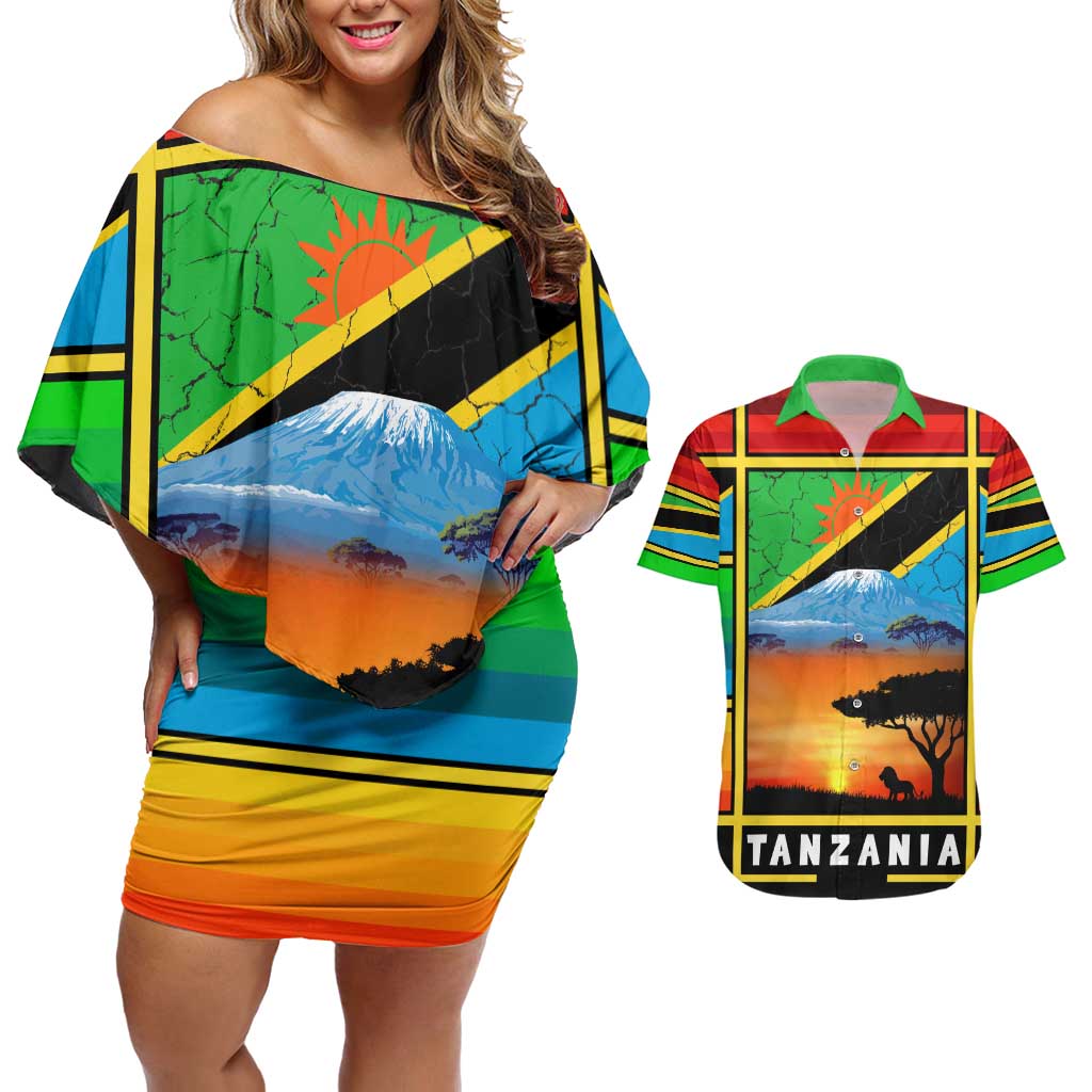 African Sunset Design Couples Matching Off Shoulder Short Dress and Hawaiian Shirt with Flag Map Mount Kilimanjaro and Wildlife Scene