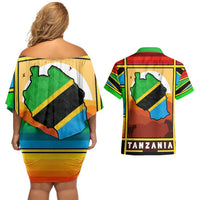 African Sunset Design Couples Matching Off Shoulder Short Dress and Hawaiian Shirt with Flag Map Mount Kilimanjaro and Wildlife Scene