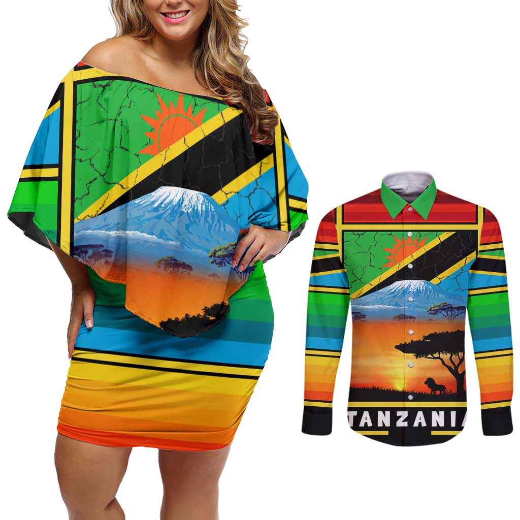African Sunset Design Couples Matching Off Shoulder Short Dress and Long Sleeve Button Shirt with Flag Map Mount Kilimanjaro and Wildlife Scene