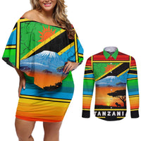 African Sunset Design Couples Matching Off Shoulder Short Dress and Long Sleeve Button Shirt with Flag Map Mount Kilimanjaro and Wildlife Scene