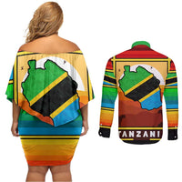 African Sunset Design Couples Matching Off Shoulder Short Dress and Long Sleeve Button Shirt with Flag Map Mount Kilimanjaro and Wildlife Scene