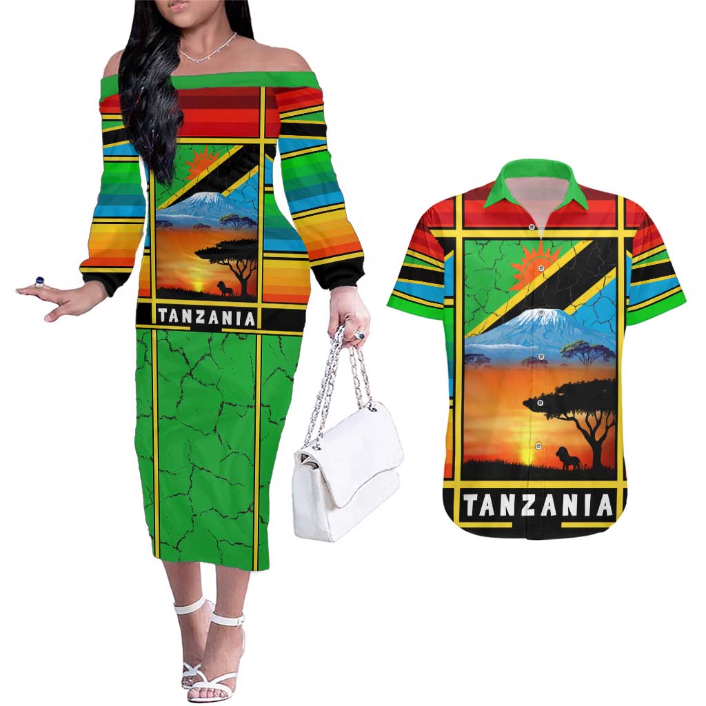 African Sunset Design Couples Matching Off The Shoulder Long Sleeve Dress and Hawaiian Shirt with Flag Map Mount Kilimanjaro and Wildlife Scene