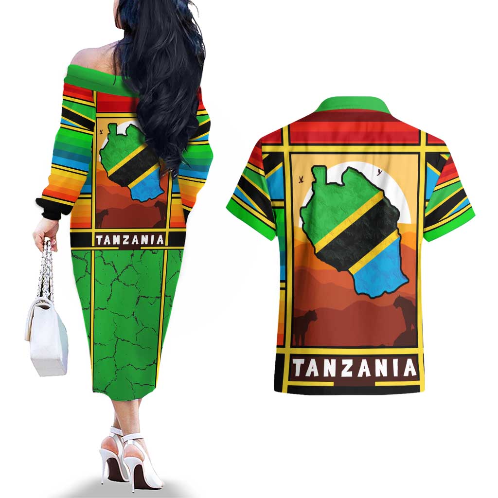 African Sunset Design Couples Matching Off The Shoulder Long Sleeve Dress and Hawaiian Shirt with Flag Map Mount Kilimanjaro and Wildlife Scene