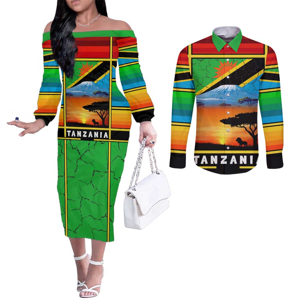 African Sunset Design Couples Matching Off The Shoulder Long Sleeve Dress and Long Sleeve Button Shirt with Flag Map Mount Kilimanjaro and Wildlife Scene